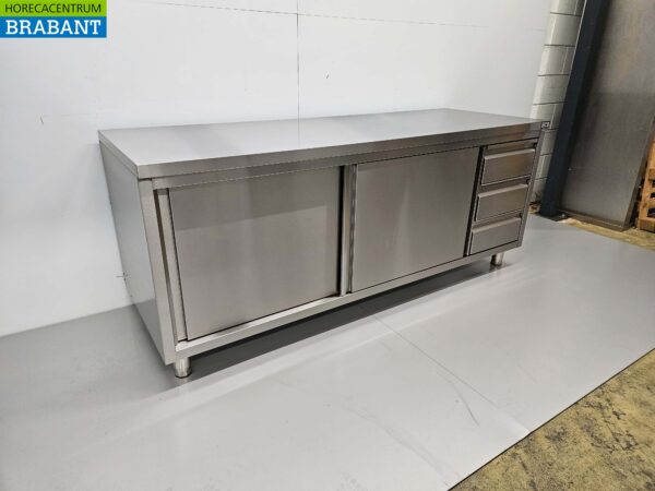 Edelstahl Premium-line Schrank Arbeitstisch 2 Schiebetüren und 3 Schubladen 200 cm Catering – Bild 3