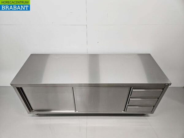 Edelstahl Premium-line Schrank Arbeitstisch 2 Schiebetüren und 3 Schubladen 200 cm Catering – Bild 4