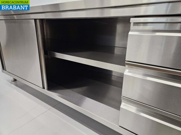 Edelstahl Premium-line Schrank Arbeitstisch 2 Schiebetüren und 3 Schubladen 200 cm Catering – Bild 5