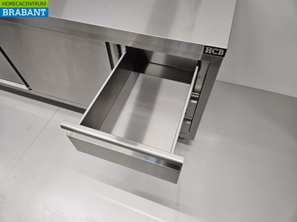 Edelstahl Premium-line Schrank Arbeitstisch 2 Schiebetüren und 3 Schubladen 200 cm Catering – Bild 6