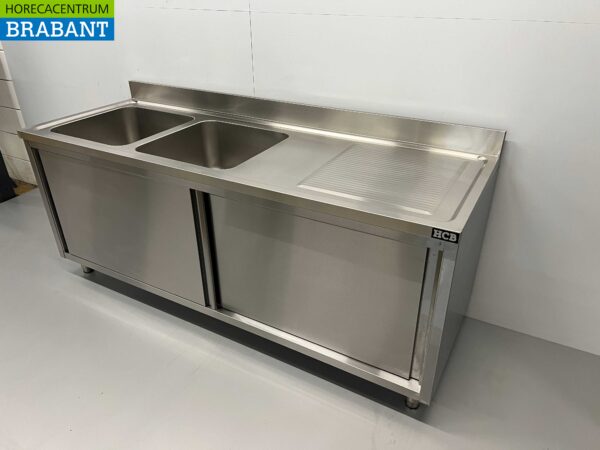 Edelstahlspüle Doppelspülen 2 Schiebetüren Premium-line 200 cm Catering – Bild 3