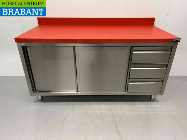Edelstahl HCB Polyethylen PE Arbeitsschrank Schrank Schneidetisch 2 Schiebetüren 3 Schubladen 160 cm Gastronomie Metzgerei
