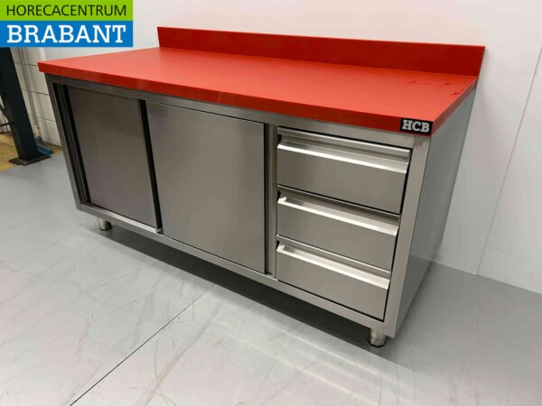 Edelstahl HCB Polyethylen PE Arbeitsschrank Schrank Schneidetisch 2 Schiebetüren 3 Schubladen 160 cm Gastronomie Metzgerei – Bild 2