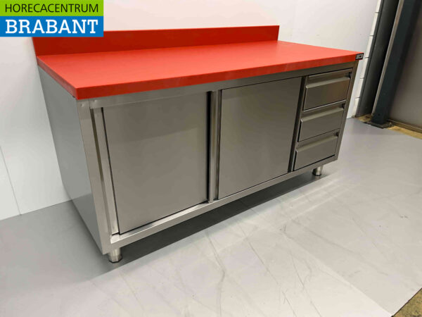 Edelstahl HCB Polyethylen PE Arbeitsschrank Schrank Schneidetisch 2 Schiebetüren 3 Schubladen 160 cm Gastronomie Metzgerei – Bild 3