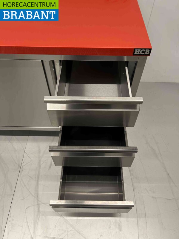 Edelstahl HCB Polyethylen PE Arbeitsschrank Schrank Schneidetisch 2 Schiebetüren 3 Schubladen 160 cm Gastronomie Metzgerei – Bild 4
