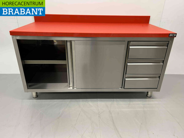 Edelstahl HCB Polyethylen PE Arbeitsschrank Schrank Schneidetisch 2 Schiebetüren 3 Schubladen 160 cm Gastronomie Metzgerei – Bild 5