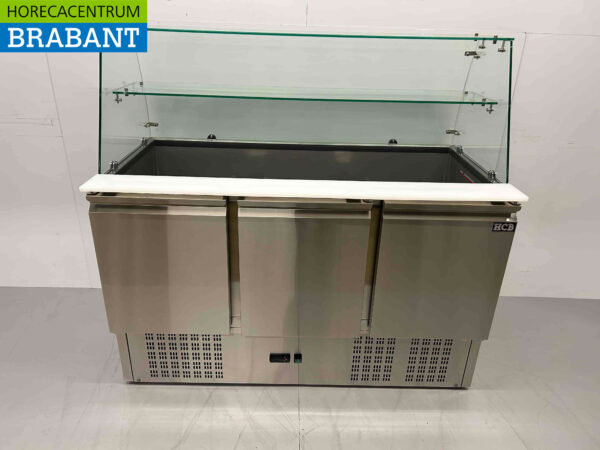 HCB Edelstahl Saladette Gekühlte Werkbank 3 Türen 1/1 GN mit Glasplatte 137 cm 230V Horeca