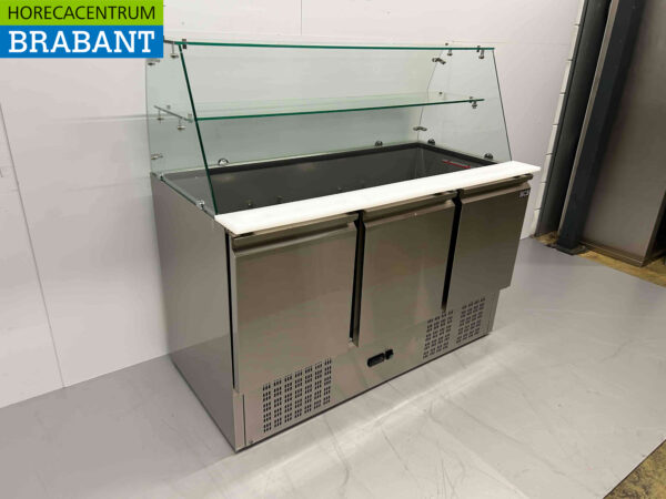 HCB Edelstahl Saladette Gekühlte Werkbank 3 Türen 1/1 GN mit Glasplatte 137 cm 230V Horeca – Bild 2