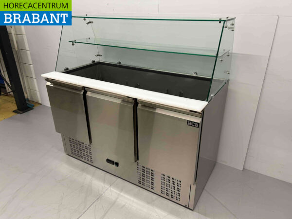 HCB Edelstahl Saladette Gekühlte Werkbank 3 Türen 1/1 GN mit Glasplatte 137 cm 230V Horeca – Bild 3