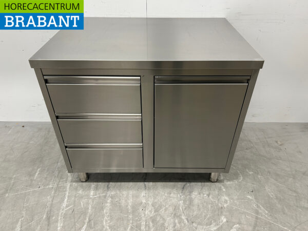 Edelstahl Arbeitsschrank Arbeitstisch Abfalleimer und 3 Schubladen 100 cm Horeca