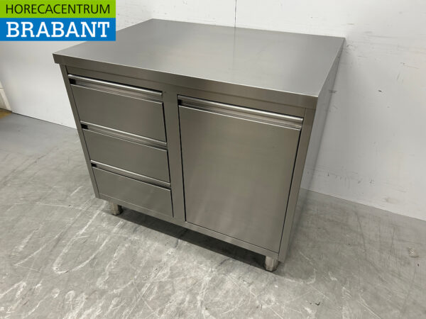 Edelstahl Arbeitsschrank Arbeitstisch Abfalleimer und 3 Schubladen 100 cm Horeca – Bild 2