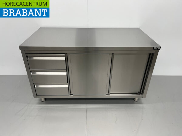 Edelstahl Arbeitsschrank Schrank Arbeitstisch Premium-line 2 Schiebetüren und 3 Schubladen 140 cm Catering