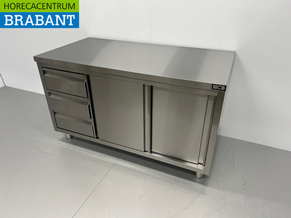 Edelstahl Arbeitsschrank Schrank Arbeitstisch Premium-line 2 Schiebetüren und 3 Schubladen 140 cm Catering – Bild 2