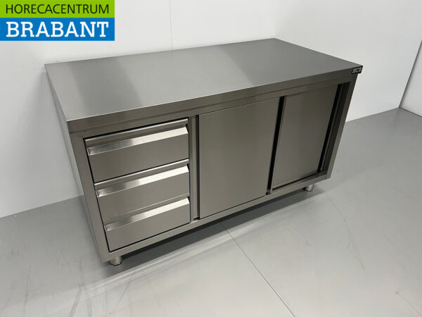 Edelstahl Arbeitsschrank Schrank Arbeitstisch Premium-line 2 Schiebetüren und 3 Schubladen 140 cm Catering – Bild 3