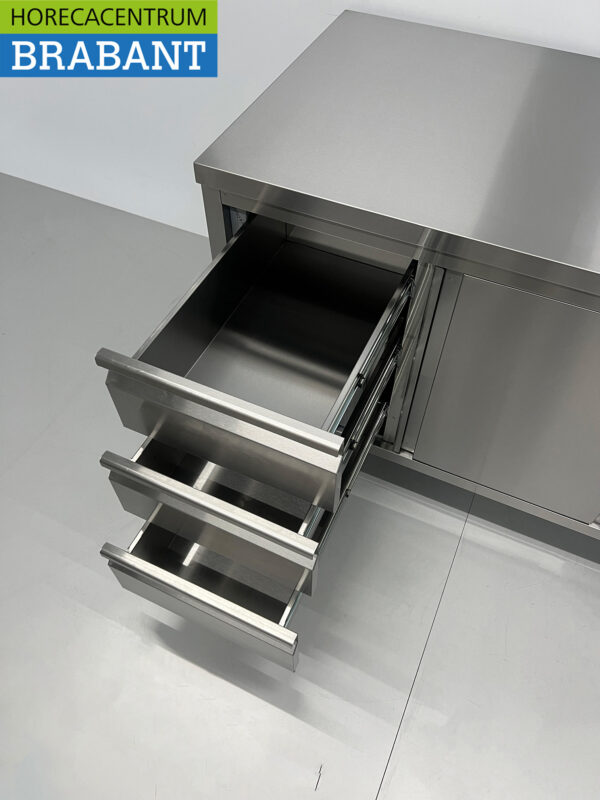 Edelstahl Arbeitsschrank Schrank Arbeitstisch Premium-line 2 Schiebetüren und 3 Schubladen 140 cm Catering – Bild 4
