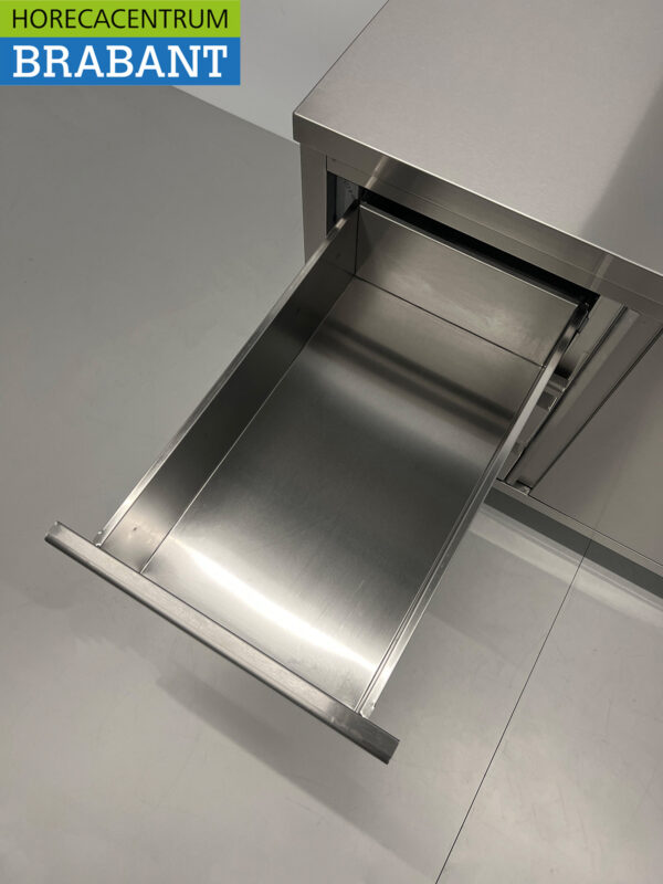 Edelstahl Arbeitsschrank Schrank Arbeitstisch Premium-line 2 Schiebetüren und 3 Schubladen 140 cm Catering – Bild 5