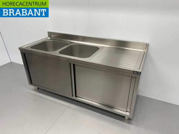 Edelstahl Doppelspültisch 2 Schiebetüren Premium-line 180 cm Catering – Bild 2