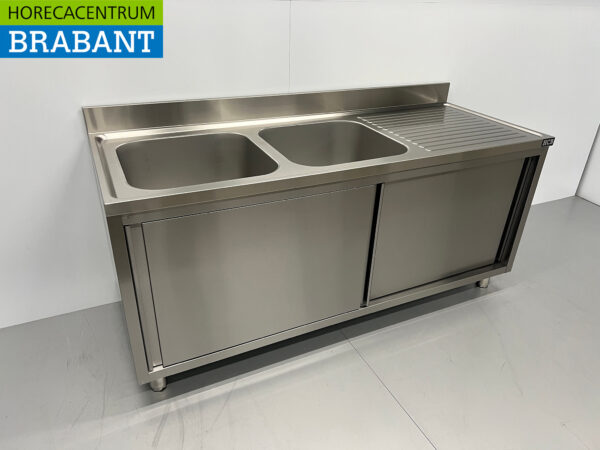 Edelstahl Doppelspültisch 2 Schiebetüren Premium-line 180 cm Catering – Bild 3