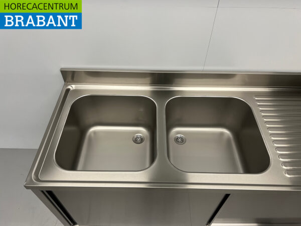Edelstahl Doppelspültisch 2 Schiebetüren Premium-line 180 cm Catering – Bild 4