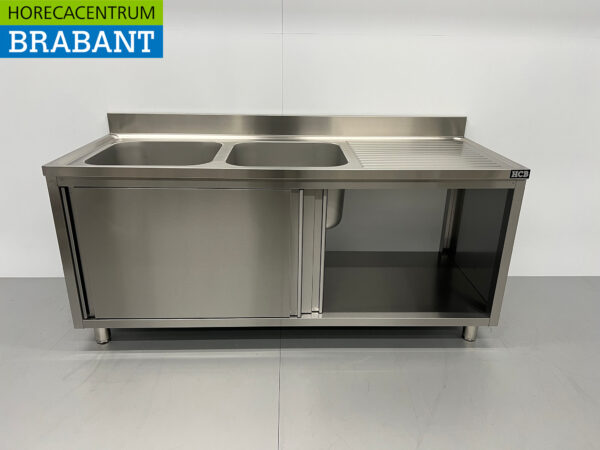 Edelstahl Doppelspültisch 2 Schiebetüren Premium-line 180 cm Catering – Bild 5