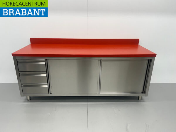 Edelstahl Polyethylen PE Arbeitsschrank Schrank Schneidetisch Premium-line 2 Schiebetüren 3 Schubladen 200 cm Gastronomie Metzgerei