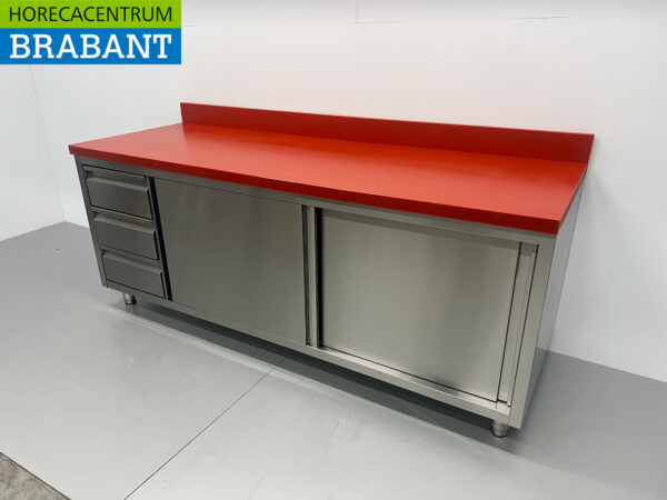 Edelstahl Polyethylen PE Arbeitsschrank Schrank Schneidetisch Premium-line 2 Schiebetüren 3 Schubladen 200 cm Gastronomie Metzgerei – Bild 2