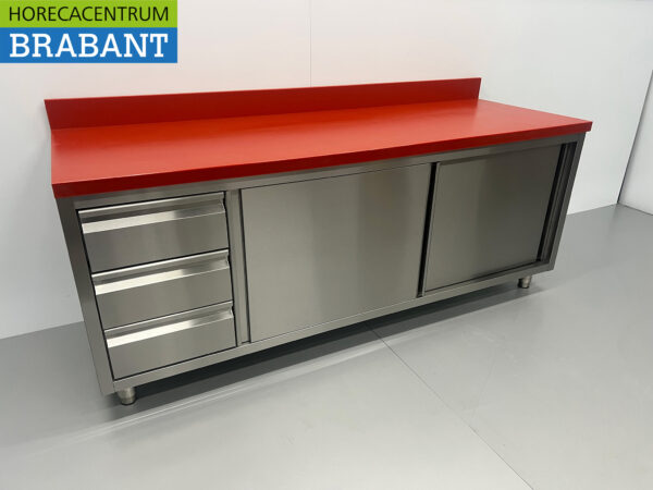Edelstahl Polyethylen PE Arbeitsschrank Schrank Schneidetisch Premium-line 2 Schiebetüren 3 Schubladen 200 cm Gastronomie Metzgerei – Bild 3