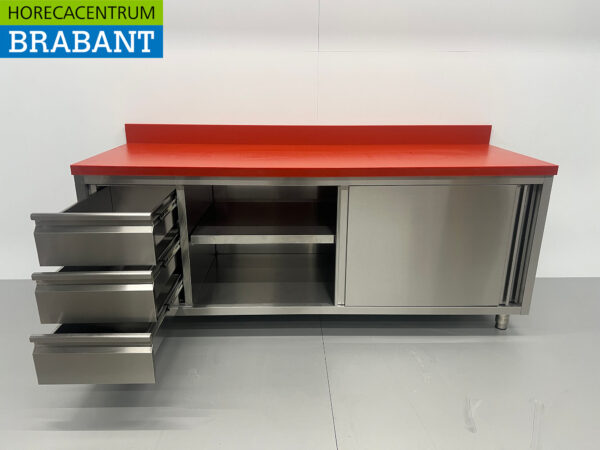 Edelstahl Polyethylen PE Arbeitsschrank Schrank Schneidetisch Premium-line 2 Schiebetüren 3 Schubladen 200 cm Gastronomie Metzgerei – Bild 4