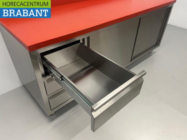 Edelstahl Polyethylen PE Arbeitsschrank Schrank Schneidetisch Premium-line 2 Schiebetüren 3 Schubladen 200 cm Gastronomie Metzgerei – Bild 5