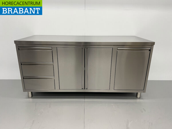Edelstahl Arbeitsschrank Schrank Arbeitstisch 2 Flügeltüren und 3 Schubladen und Abfallbehälter 180 cm Catering
