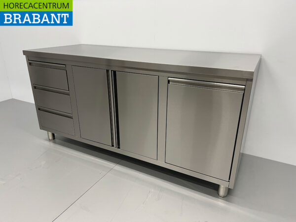 Edelstahl Arbeitsschrank Schrank Arbeitstisch 2 Flügeltüren und 3 Schubladen und Abfallbehälter 180 cm Catering – Bild 2