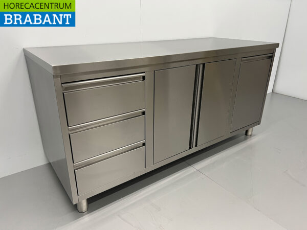 Edelstahl Arbeitsschrank Schrank Arbeitstisch 2 Flügeltüren und 3 Schubladen und Abfallbehälter 180 cm Catering – Bild 3