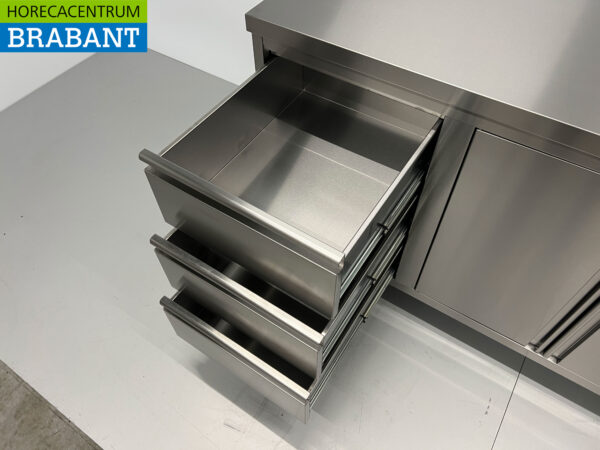 Edelstahl Arbeitsschrank Schrank Arbeitstisch 2 Flügeltüren und 3 Schubladen und Abfallbehälter 180 cm Catering – Bild 4