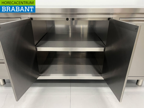 Edelstahl Arbeitsschrank Schrank Arbeitstisch 2 Flügeltüren und 3 Schubladen und Abfallbehälter 180 cm Catering – Bild 5