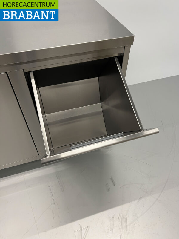 Edelstahl Arbeitsschrank Schrank Arbeitstisch 2 Flügeltüren und 3 Schubladen und Abfallbehälter 180 cm Catering – Bild 6