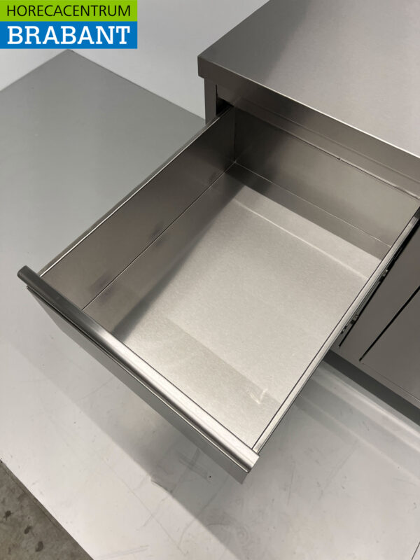 Edelstahl Arbeitsschrank Schrank Arbeitstisch 2 Flügeltüren und 3 Schubladen und Abfallbehälter 180 cm Catering – Bild 7