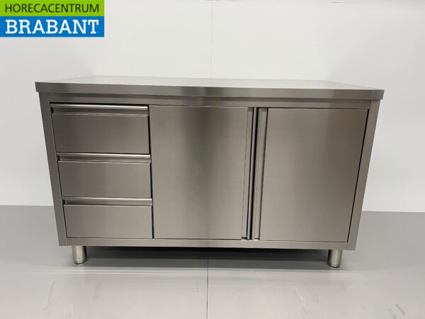 HCB Edelstahl Arbeitsschrank Schrank Arbeitstisch 2 Flügeltüren und 3 Schubladen 140 cm Catering
