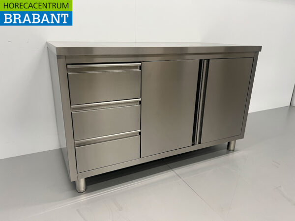 HCB Edelstahl Arbeitsschrank Schrank Arbeitstisch 2 Flügeltüren und 3 Schubladen 140 cm Catering – Bild 2