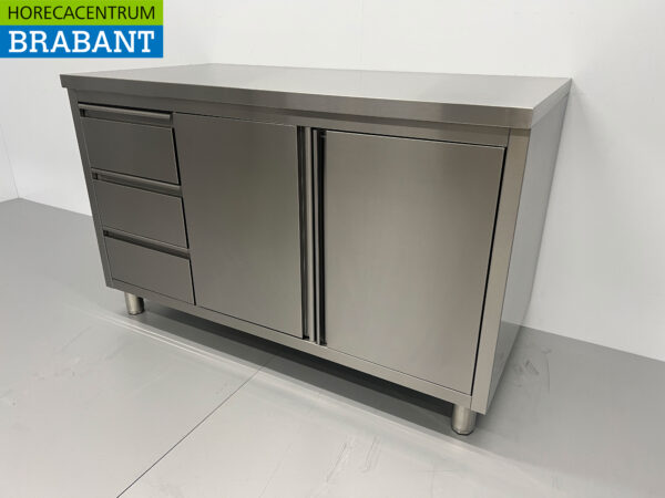 HCB Edelstahl Arbeitsschrank Schrank Arbeitstisch 2 Flügeltüren und 3 Schubladen 140 cm Catering – Bild 3