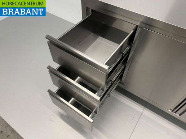 HCB Edelstahl Arbeitsschrank Schrank Arbeitstisch 2 Flügeltüren und 3 Schubladen 140 cm Catering – Bild 4