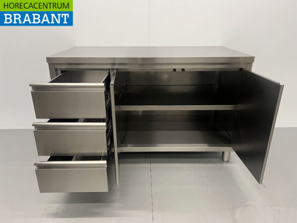 HCB Edelstahl Arbeitsschrank Schrank Arbeitstisch 2 Flügeltüren und 3 Schubladen 140 cm Catering – Bild 5