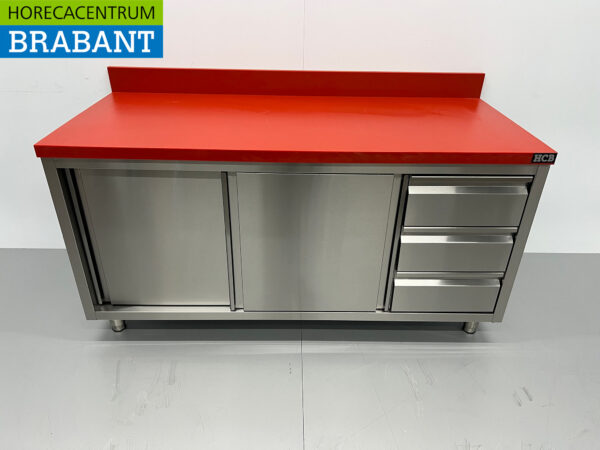 HCB Edelstahl Polyethylen PE Arbeitsschrank Schneidetisch Premium-line 2 Schiebetüren 3 Schubladen 160 cm Gastronomie Metzgerei