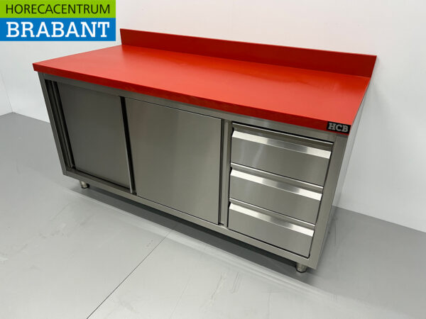 HCB Edelstahl Polyethylen PE Arbeitsschrank Schneidetisch Premium-line 2 Schiebetüren 3 Schubladen 160 cm Gastronomie Metzgerei – Bild 2