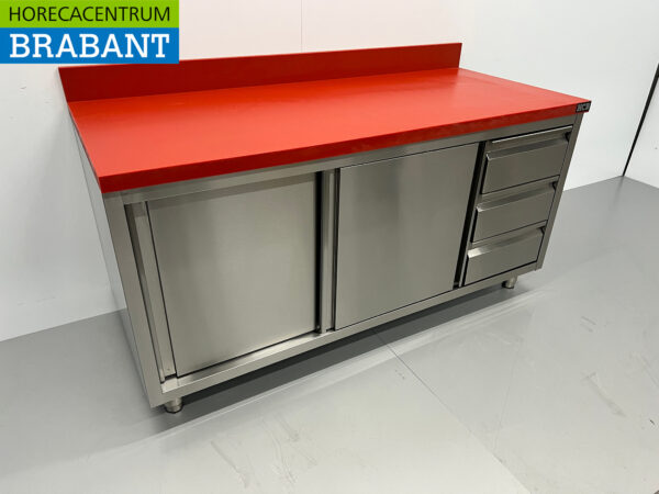HCB Edelstahl Polyethylen PE Arbeitsschrank Schneidetisch Premium-line 2 Schiebetüren 3 Schubladen 160 cm Gastronomie Metzgerei – Bild 3