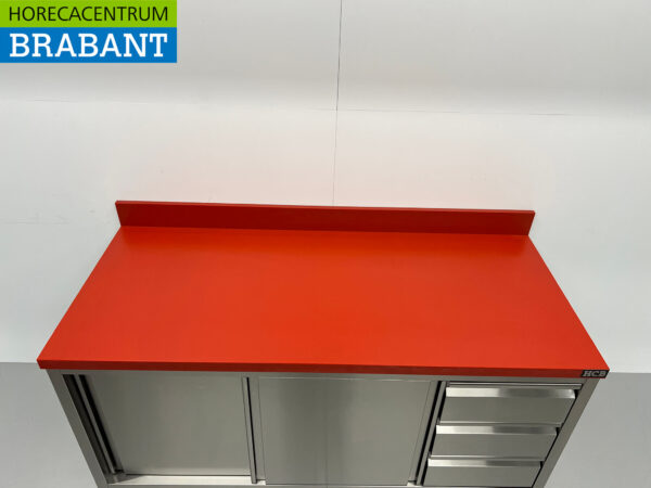 HCB Edelstahl Polyethylen PE Arbeitsschrank Schneidetisch Premium-line 2 Schiebetüren 3 Schubladen 160 cm Gastronomie Metzgerei – Bild 4