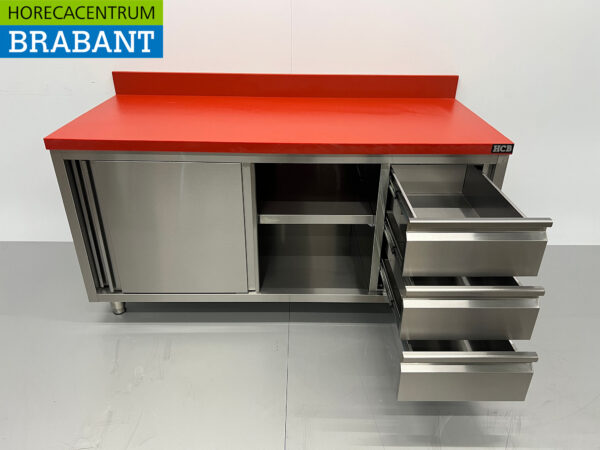 HCB Edelstahl Polyethylen PE Arbeitsschrank Schneidetisch Premium-line 2 Schiebetüren 3 Schubladen 160 cm Gastronomie Metzgerei – Bild 5