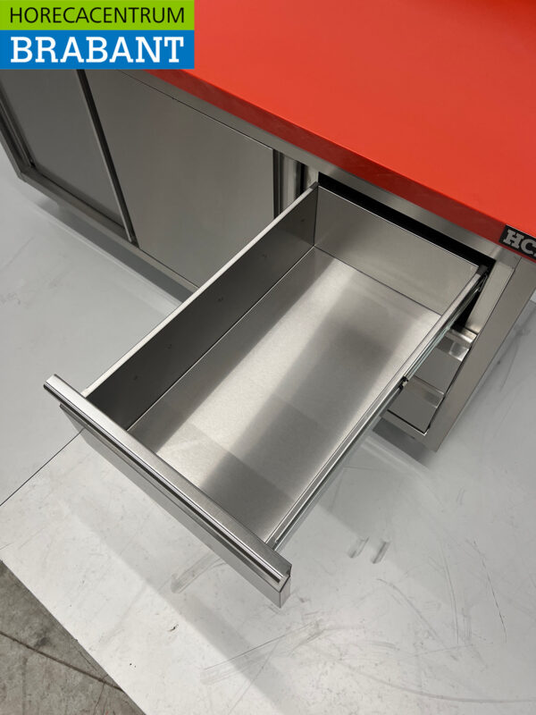 HCB Edelstahl Polyethylen PE Arbeitsschrank Schneidetisch Premium-line 2 Schiebetüren 3 Schubladen 160 cm Gastronomie Metzgerei – Bild 6