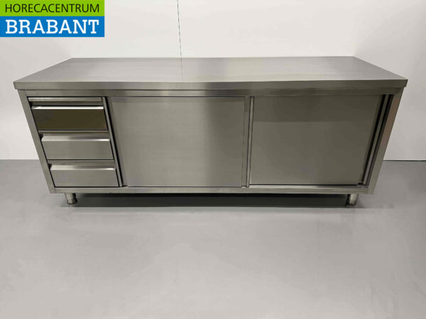 Edelstahl Premium-line Schrank Arbeitstisch 2 Schiebetüren und 3 Schubladen 200 cm Catering