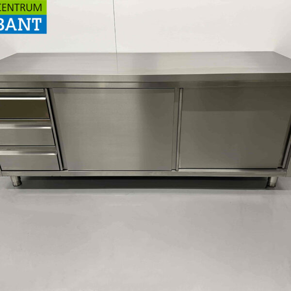Edelstahl Premium-line Schrank Arbeitstisch 2 Schiebetüren und 3 Schubladen 200 cm Catering