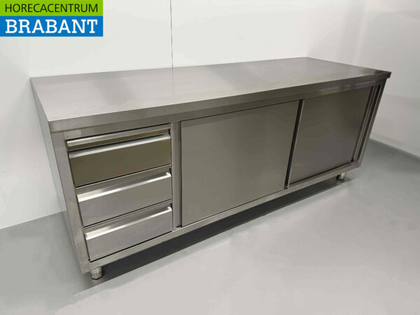 Edelstahl Premium-line Schrank Arbeitstisch 2 Schiebetüren und 3 Schubladen 200 cm Catering – Bild 3
